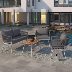 4-Piece Boho Rope Patio Conversation Set, Outdoor Loveseat with Acacia Wood Table, Thick Gray Cushions