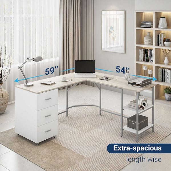TECHNI MOBILI 59 in. W L-Shape Sand Home Office Two-Tone Desk with