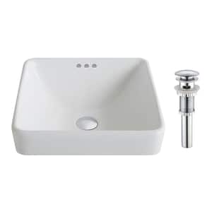 Elavo Series Square Ceramic Semi-Recessed Bathroom Sink in White with Overflow and Pop Up Drain in Chrome