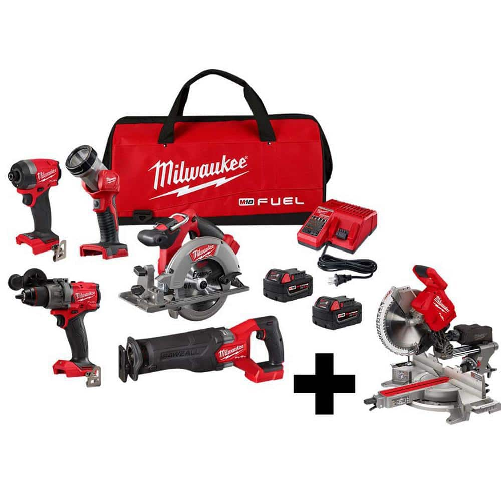 M18 FUEL 18-Volt Lithium-Ion Brushless Cordless Combo Kit (5-Tool) with 12 in. Dual Bevel Sliding Compound Miter Saw -  Milwaukee