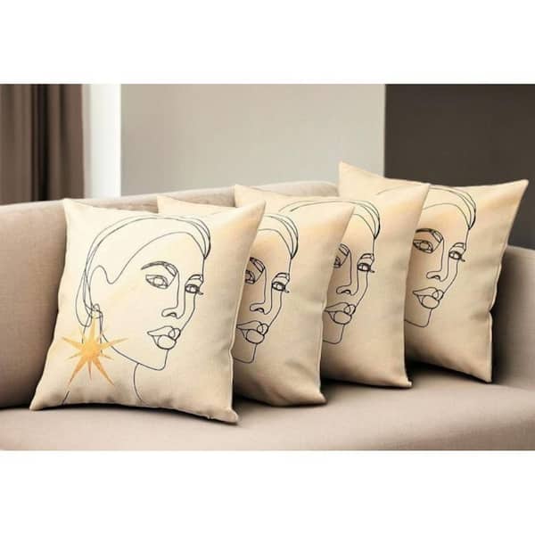 Beige, Black Abstract Polyester 18 in. x 18 in. Throw Pillow Set of 4