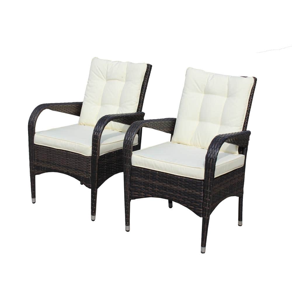 2-Piece Weather-resistant Brown Metal Outdoor Dining Chairs with Beige Cush