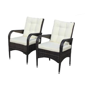 2-Piece Weather-resistant Brown Metal Outdoor Dining Chairs with Beige Cushions