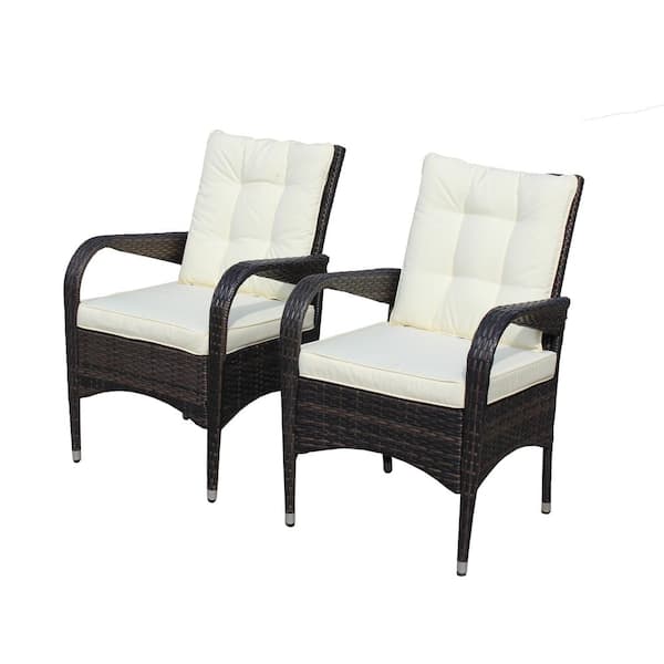 Unbranded 2-Piece Weather-resistant Brown Metal Outdoor Dining Chairs with Beige Cushions