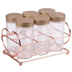 Glass Spice Bottle Jar with Copper Finished Iron Wire Rack Organizer (Set of 6)