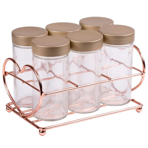 Creative Home 50270 Set of 6 Glass Spice Bottle Jar with Copper Finished Rack Organizer