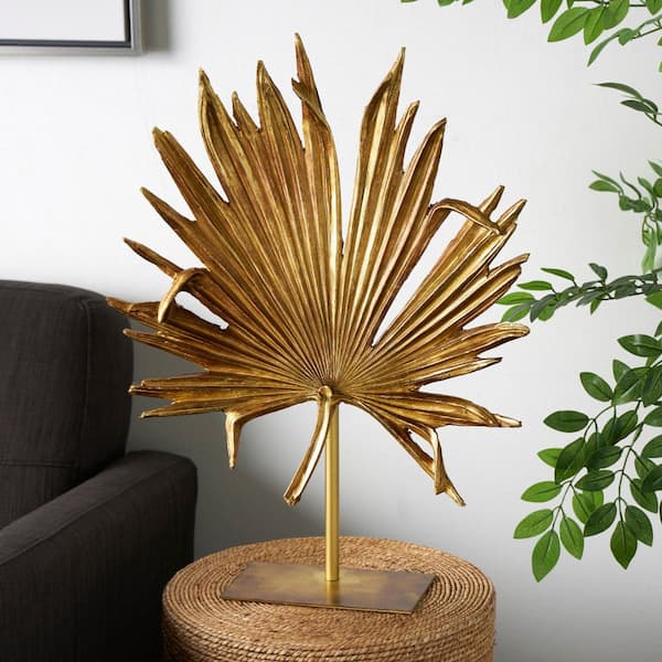 Litton Lane 26 in. Gold Polystone Textured Metallic Palm Leaf Sculpture with Stand