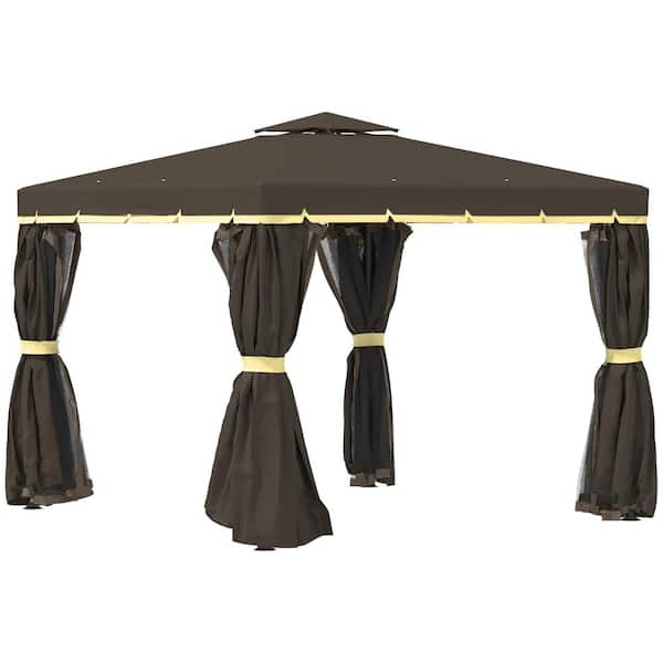 Huluwat 10 ft. x 10 ft. Coffee Aluminum Frame Double Roof Outdoor Gazebo Canopy Shelter with Netting and Curtains