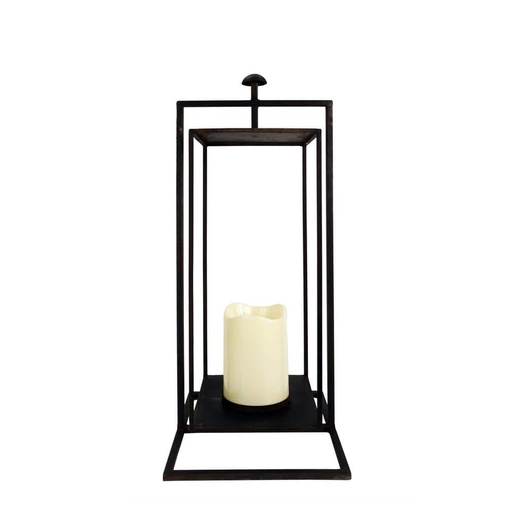 19" Gray Iron Hanging Lantern with Glass Candle Compartment