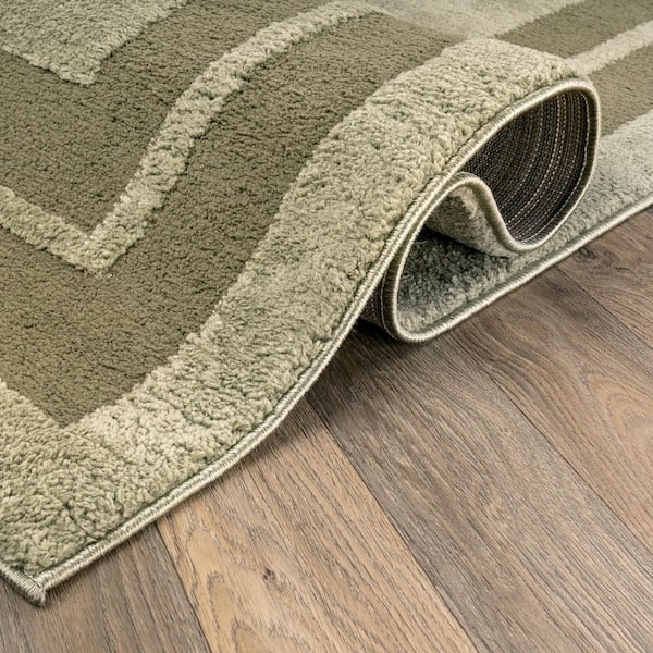 Solid Framed Border Power Loomed Soft Shag High-Low Indoor 2 ft. x 12 ft. Green Area Rug