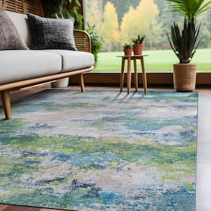 Ocean Abstract Teal 4 ft. x 6 ft. Non-Slip Rubber Back Indoor Area Rug