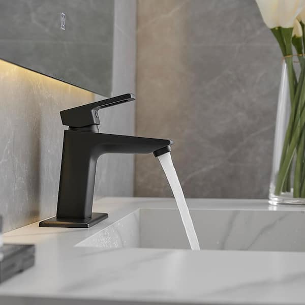 Single Handle Single Hole Bathroom Faucet with Deckplate and Drain Included, Lever Handle Bathroom Faucet in Matte Black