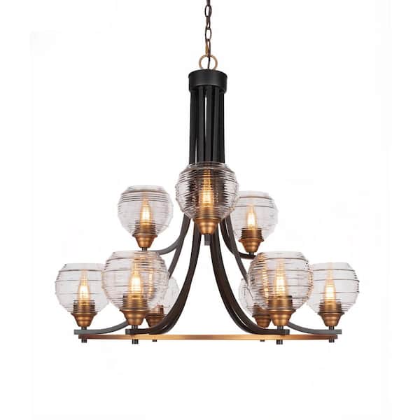 Unbranded Madison 9-Light Matte Black and Brass Round Chandelier with 6 in. Clear Ribbed Glass Shades, No bulbs included