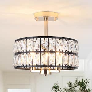12.59 in. 3-Light Black and Golden Round Drum Semi-Flush Mount Ceiling Light with Clear Crystal and No Bulbs Included