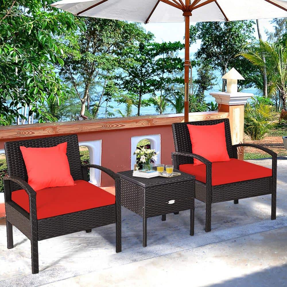 Red Cushioned Black Rattan 2-Person Patio Conversation Set