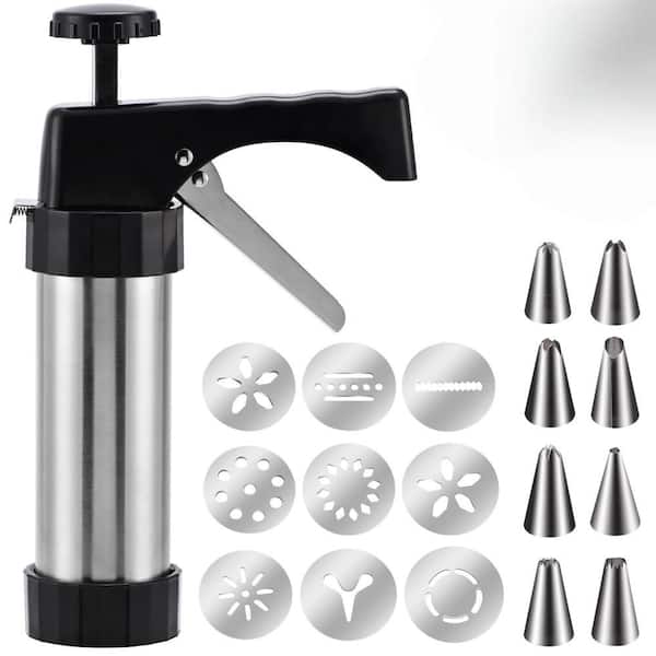 Stainless Steel Cookies Press Gun Kit with 13-Cookie Discs and 8-Piping Tips for DIY Holiday Cookies Maker, Black