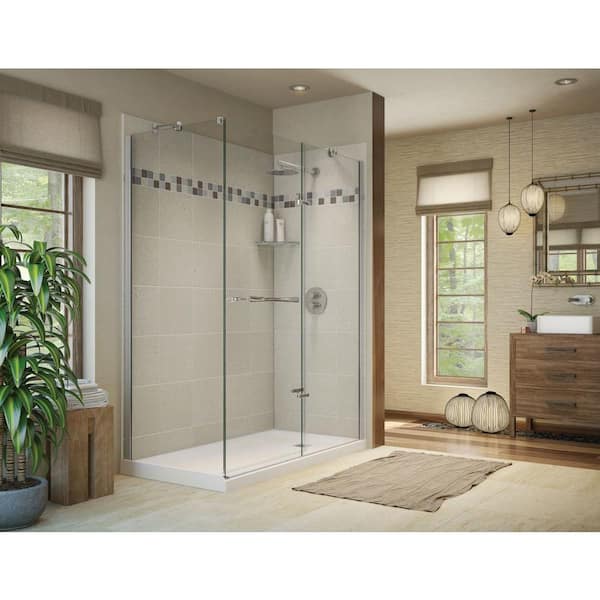 MAAX Utile Stone 32 in. x 60 in. x 83.5 in. Corner Shower Stall in Sahara with Right Drain Base in White