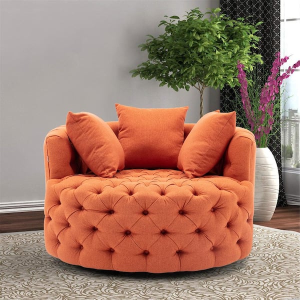 HOMEFUN Orange Swivel Linen Fabric Upholstered Barrel Living Room Chair With Tufted Cushions