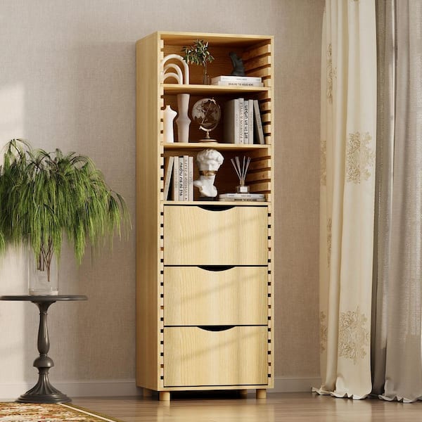 Oak 70.9 in. Accent Cabinet Office Storage Cabinet with 3-Shelves and 3-Drawers, Anti-Tip Kit