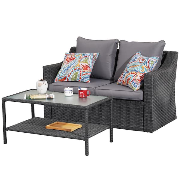 Sudzendf 2-Piece Wicker Patio Conversation Set with Gray Cushions, Double Sofa and Coffee Table