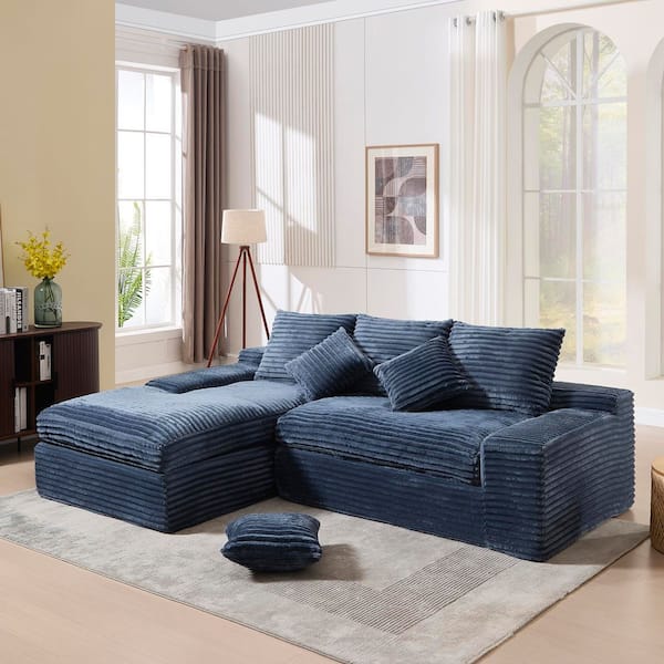 4-Seats Modular Sectional 98 in. W Armless Fabric L-Shaped Performance Fabric Sofa in Blue with Chaise