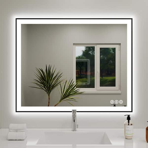 MYCASS 40 in. W x 32 in. H Rectangular Framed LED Light Anti-Fog Wall Bathroom Vanity Mirror Front Light in Matte Black