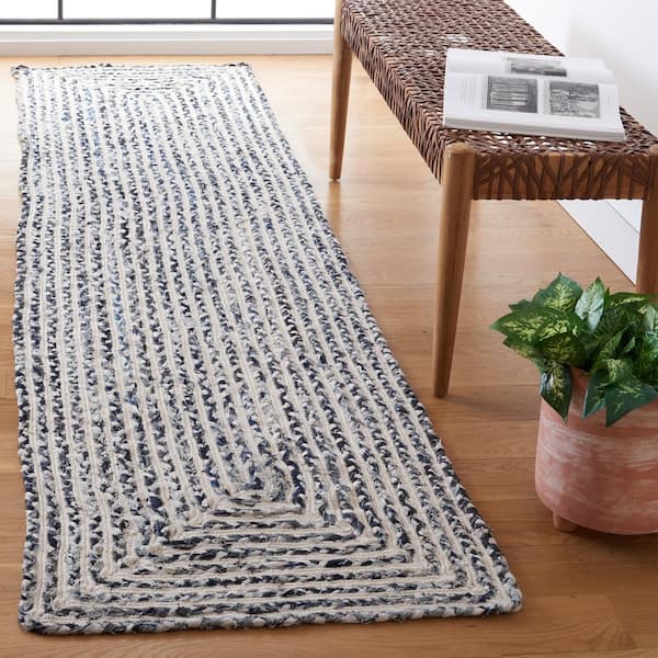 Braided Black Navy 2 ft. x 9 ft. Abstract Striped Runner Rug