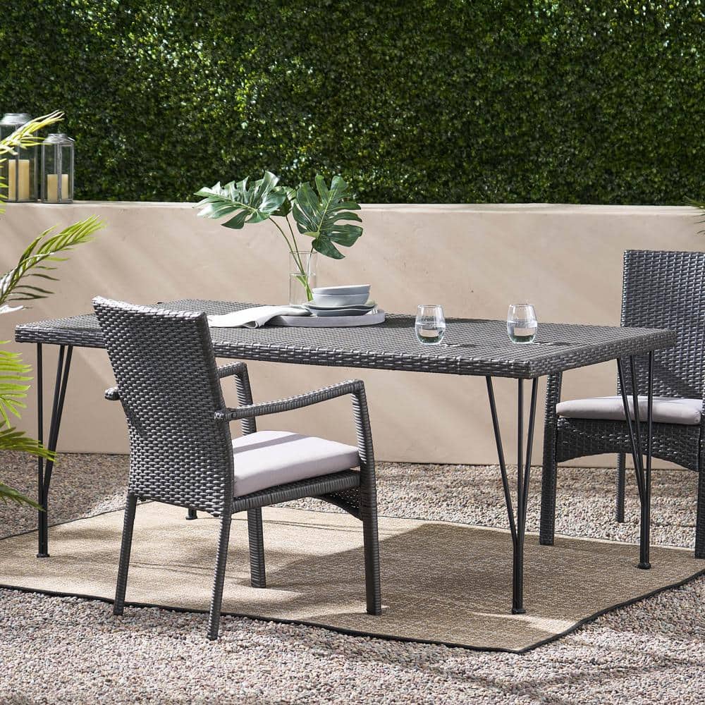 Gray Wicker Rectangular Patio Dining Table with Iron Frame