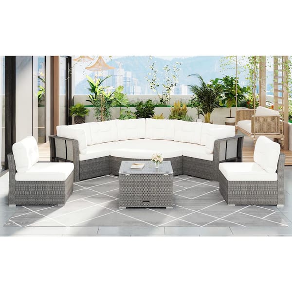 Rattan Metal Outdoor Daybed Rattan Sectional Furniture Set Patio Seating Group Sectional Set with Beige Cushions