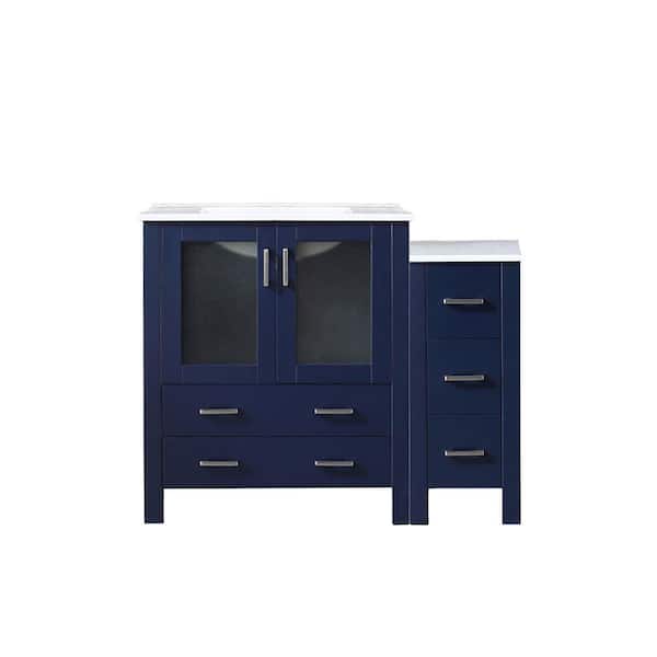 Volez 42 in W x 18.25 in D Navy Blue Single Bath Vanity with Side Cabinet, and White Ceramic Top