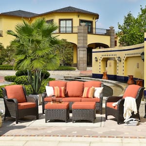 New Kenard Brown 5-Piece Wicker Outdoor Patio Conversation Seating Set with Orange Cushions