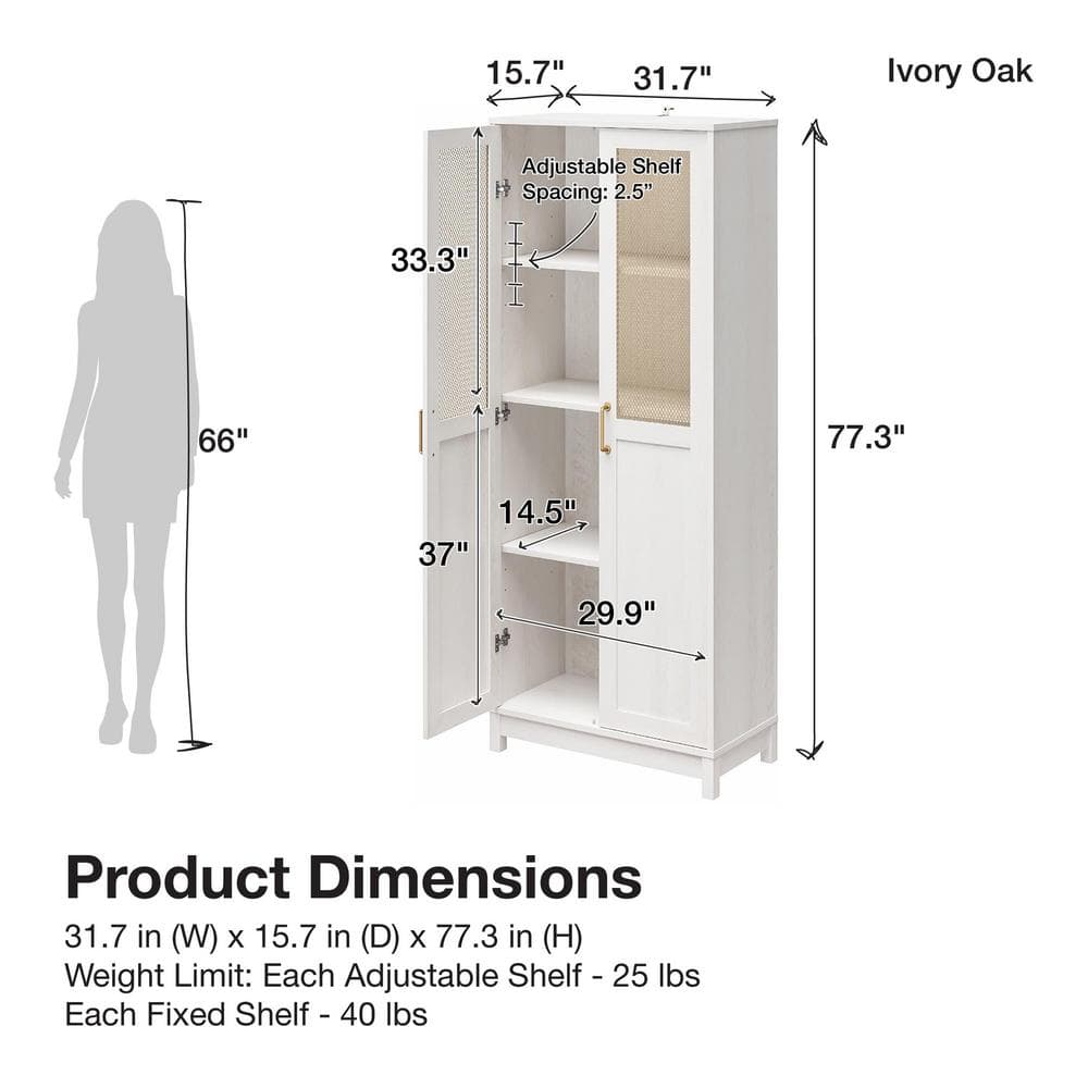 Ivory Oak 2-Door Storage Cabinet with Gold Mesh Doors