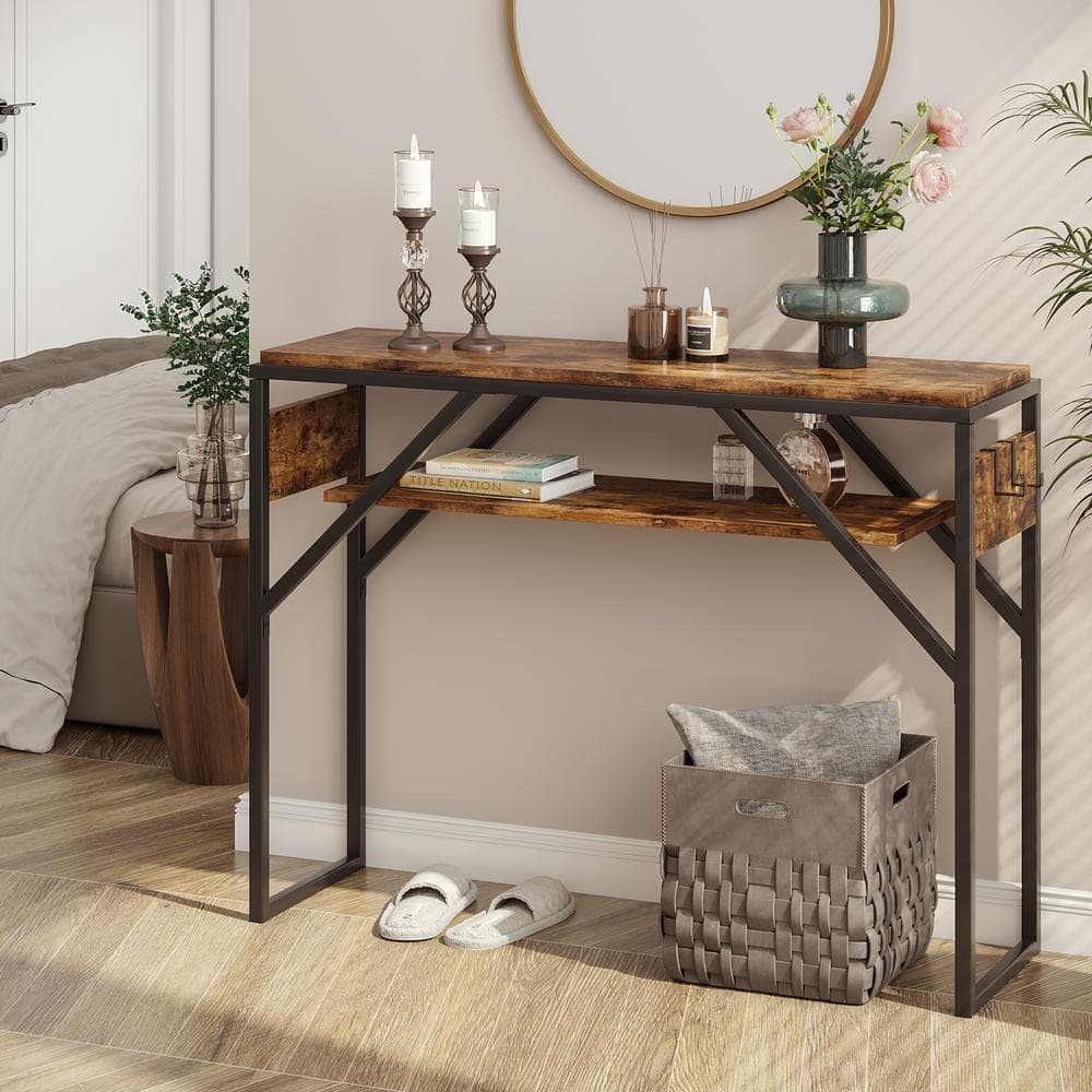 39.37 in. Rustic Brown Sleek and Minimalist Wood Console Table Modern Sofa Side Decor with Hook