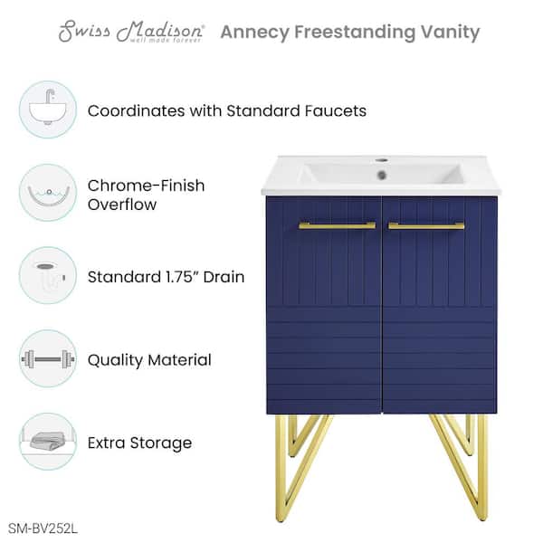 Annecy 24 in. W Bath Vanity in Granger Blue with Ceramic Vanity Top in Glossy White with White Basin