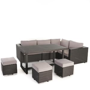 Santa Rosa Grey 7-Piece Faux Rattan Outdoor Dining Set with Silver Cushions