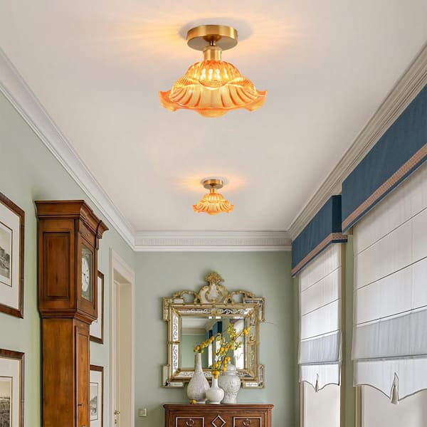 Allison 9.8 in. 1-Light Modern Gold Semi-Flush Mount Ceiling Light with Amber Glass Shade