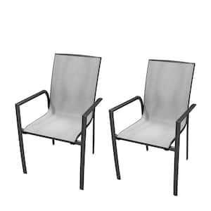 Black Aluminum Frame Teslin Backrest Solid Structure Outdoor Dining Chair in Silver Gray Seat Set of 2 Patio Furniture