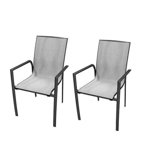 Black Aluminum Frame Teslin Backrest Solid Structure Outdoor Dining Chair in Silver Gray Seat Set of 2 Patio Furniture