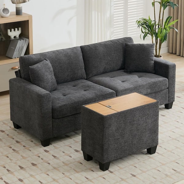 Modern 15.57 in. Chenille Fabric Rectangle End Side Table with Storage in Dark Gray