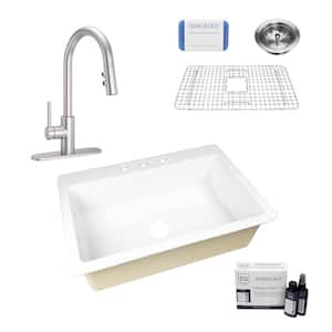 Jackson 33 in. 3-Hole Drop-in Single Bowl Crisp White Fireclay Kitchen Sink with Stellen Faucet (Stainless) Kit