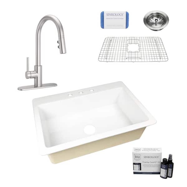 SINKOLOGY Jackson 33 in. 3-Hole Drop-in Single Bowl Crisp White Fireclay Kitchen Sink with Stellen Faucet (Stainless) Kit