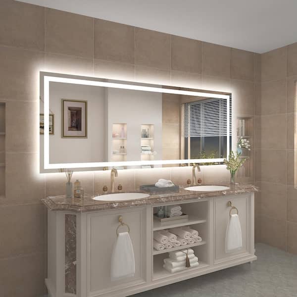 KIOTEE 84 in. W x 32 in. H Rectangular Frameless Front & Back Lighted Anti-Fog Wall Bathroom Vanity Mirror, Tempered Glass, ETL