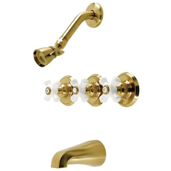 Kingston Brass Victorian Triple Handle 1-Spray Tub and Shower Faucet 1.8 GPM with Corrosion Resistant in Brushed Brass