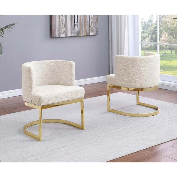 Best Quality Furniture Hart Cream Boucle Fabric Side Chair Set of 1 with Gold Chrome Plated Legs