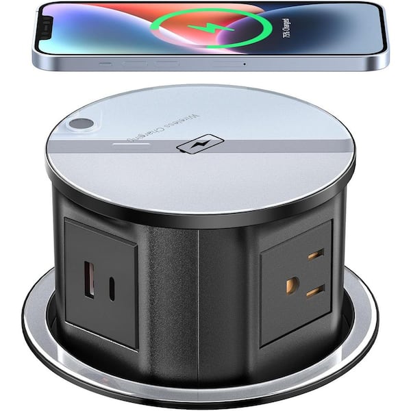 Lukyamzn 4-Outlets Pop Up Power Socket for Kitchen Countertop with 15-Watt Wireless Charger, 1 USB-A, 1 USB-C Ports in Black