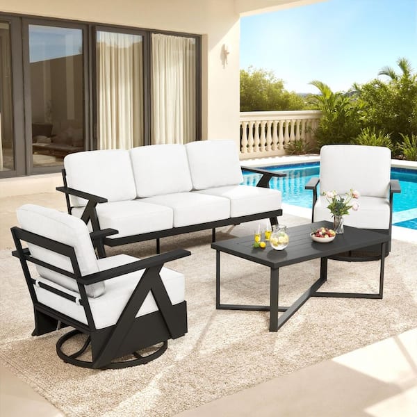 4-Piece Aluminum Patio Conversation Set with with Beige Cushions and Coffee Table