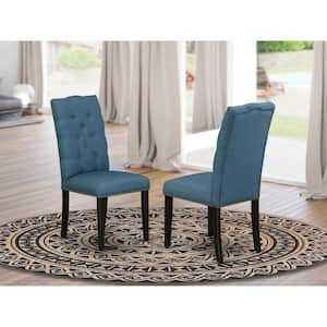 Black, Parson Kitchen Chairs - Button Tufted Nailhead Trim Blue Linen Fabric Upholstered Dining Chairs, Set Of 2