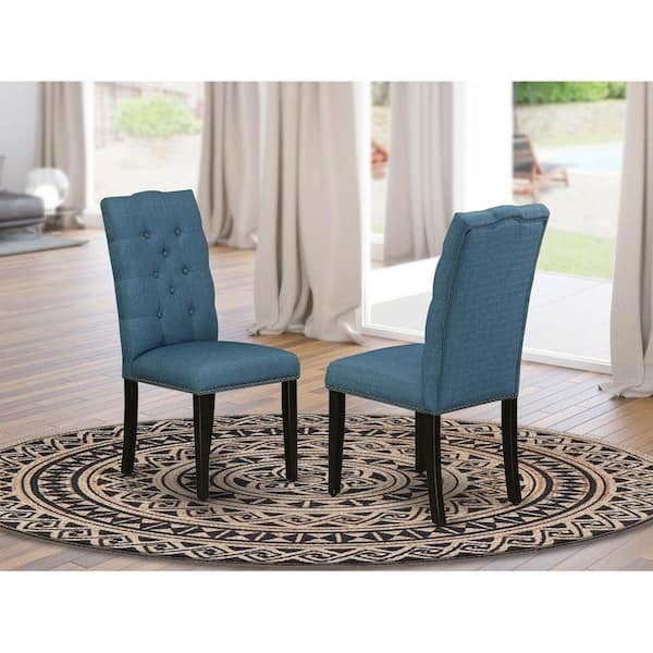 East West Furniture Black, Parson Kitchen Chairs - Button Tufted Nailhead Trim Blue Linen Fabric Upholstered Dining Chairs, Set Of 2