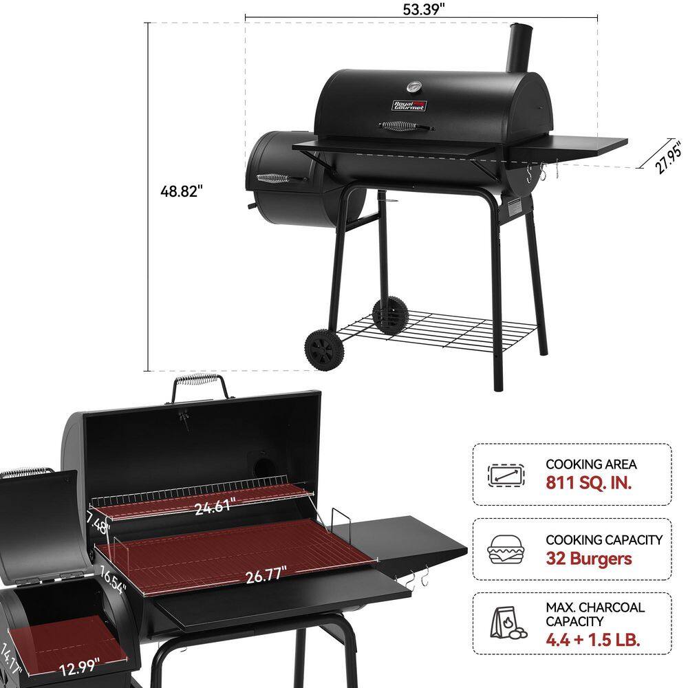 Royal Gourmet Black 48" Charcoal Grill with Offset Smoker