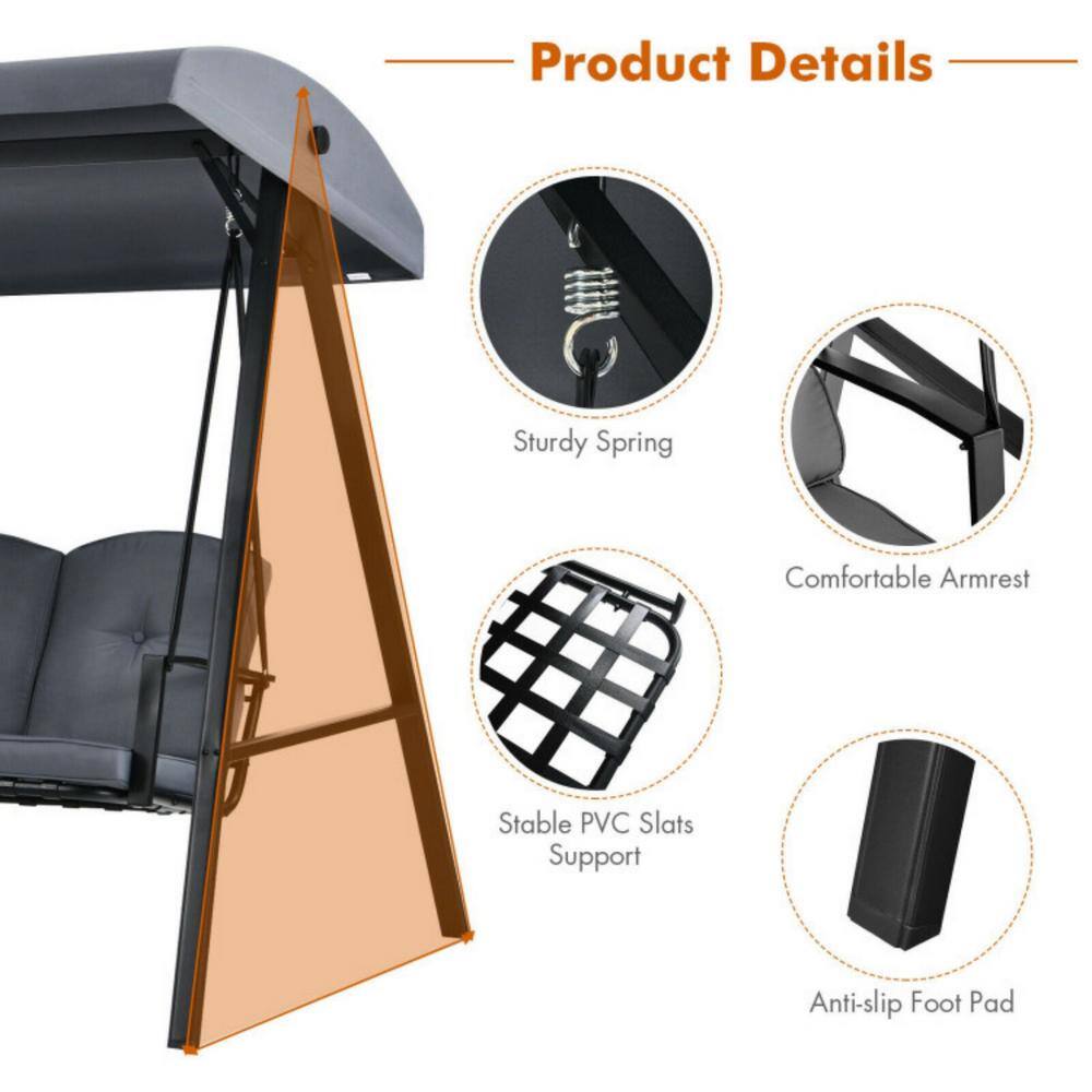 Gray Steel 3-Seat Outdoor Porch Swing with Adjustable Canopy